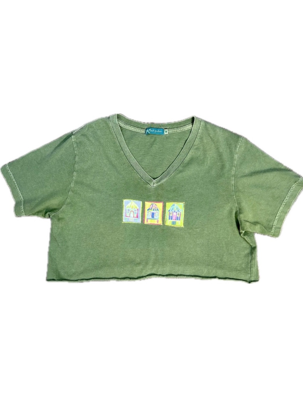 Vintage Fresh Produce Cropped V-Neck Graphic T-Shirt Olive Green Size M